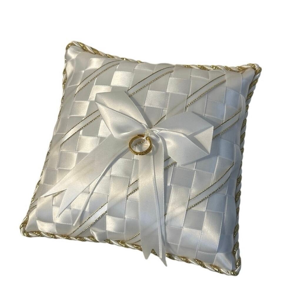 Vtg Wedding Ring Pillow Wht satin woven ribbons gold trim 90’s Early 2000’s NOS